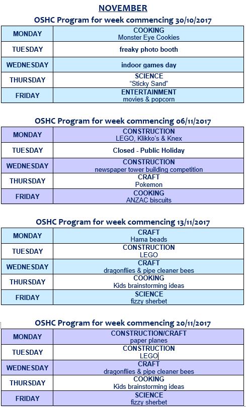 OSHC November and December program NEW CANTEEN SUPPLIERS This is