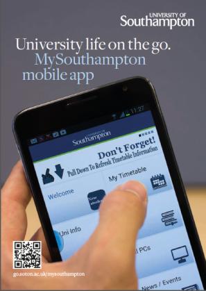 Mobile apps: MySouthampton Maps, timetable, bus times, staff directory, new student information, Your Library, Sports Centre times