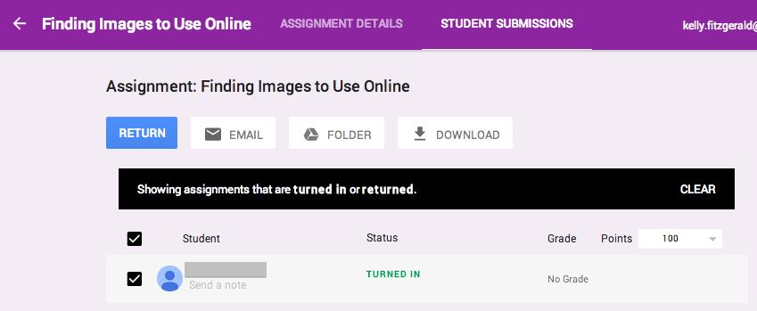 Submitted Assignments Only displays s that have been submitted. return back to class homepage Assignment title view details email student; both teacher & student must have district Gmail account.