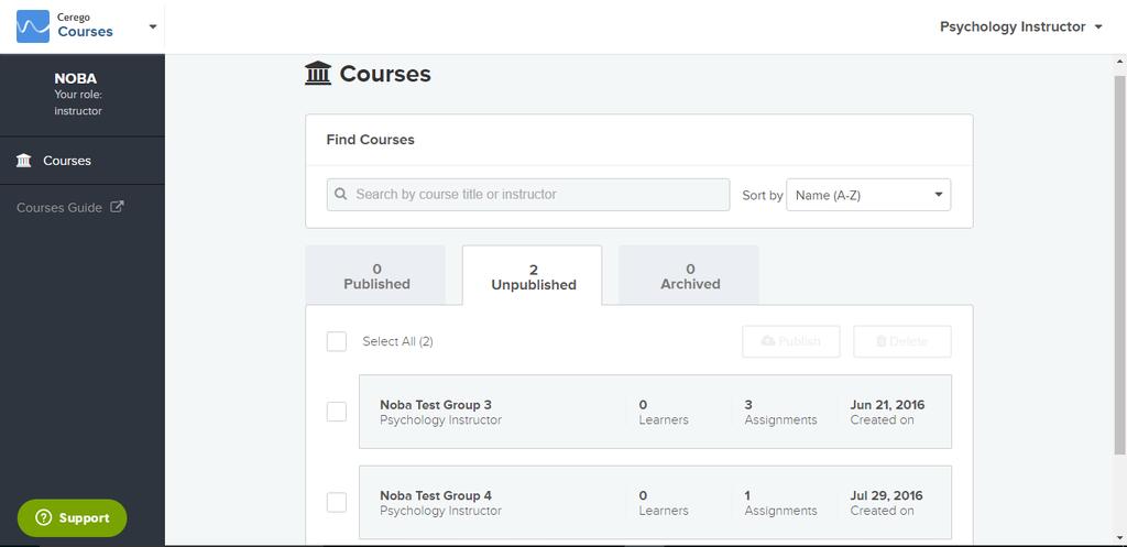 The Courses page contains the class sections you plan to track. Click on the Unpublished tab (please note that once you ve published a course, it will be moved to the Published tab).