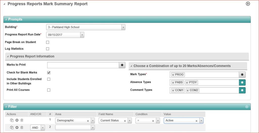 Mark Summary (To Print Missing Student Marks) This report will print missing student marks. Menu Path: Mark Reporting >> Entry & Reports >> Progress Reports>Mark Summary 1.