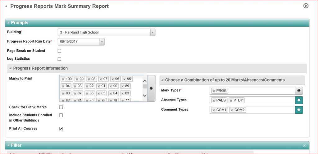 H. ADDITIONAL PROGRESS REPORTS Mark Summary This report will print marks, attendance, and comments for progress marks. Menu Path: Mark Reporting >> Entry & Reports >> Progress Reports>Mark Summary 1.