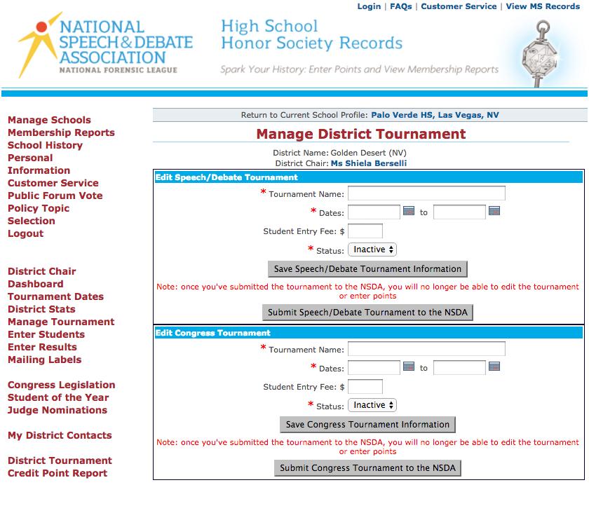 Step 1: Log in District Chairs record district tournament information by logging into the NSDA points application with the normal login username and password used to record points for your own school.