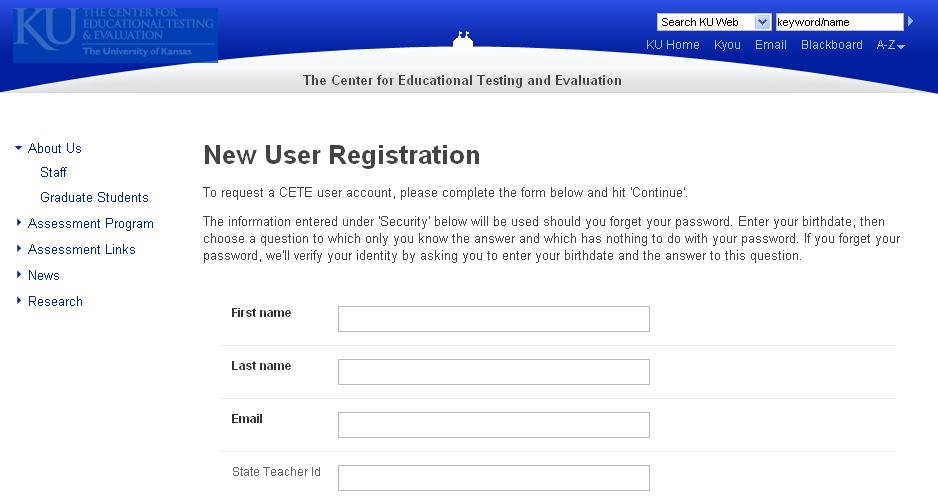 Complete the New User Registration information, taking care to include your State Teacher ID number.