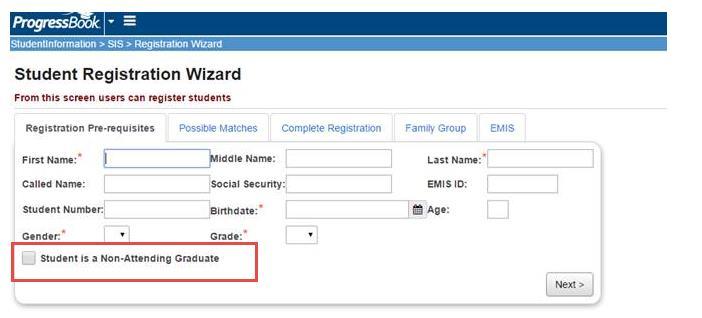 1. If the student is new to your district, complete the required fields on the Registration Pre-requisites tab of the Registration Wizard.