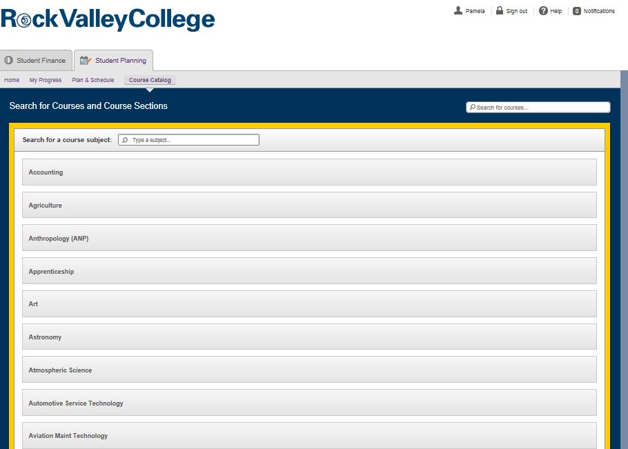 Another way to search for a course is to use the Course Catalog. Under the Student Planning tab, click Course Catalog.