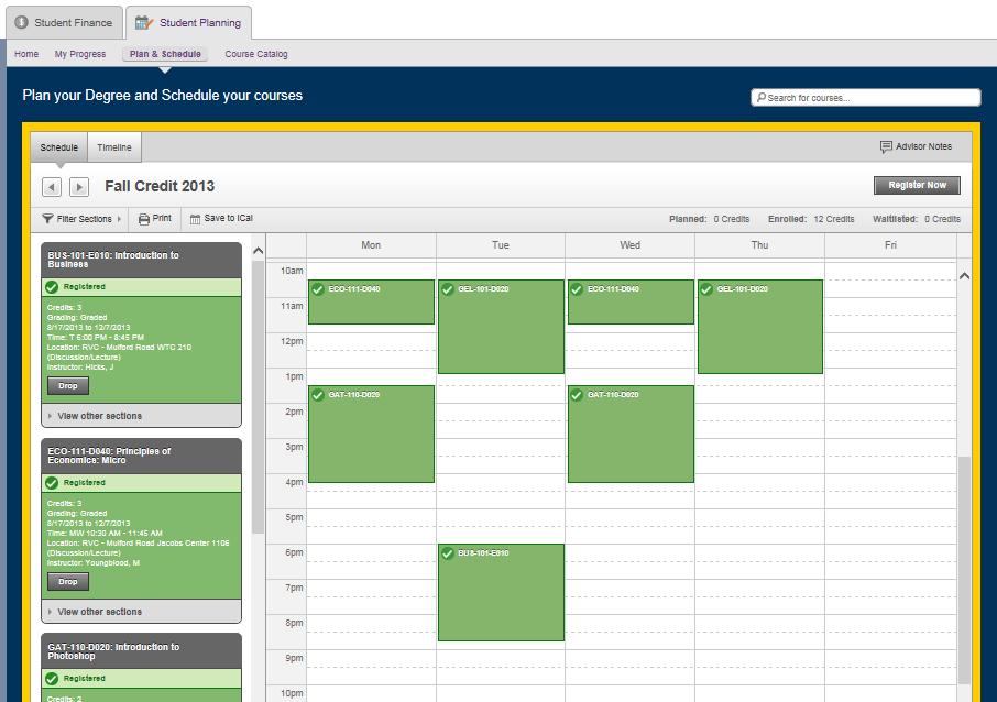A description of the course appears on the left of the calendar with options to drop the class or