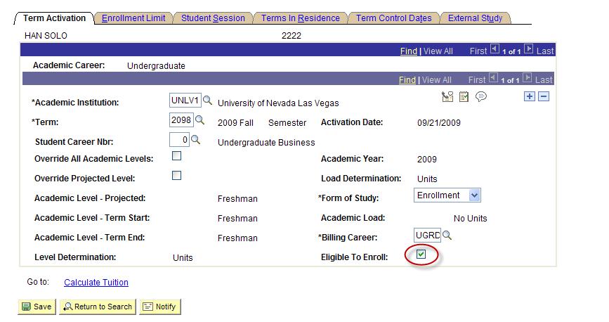 Transfer Credit Processing APPENDIX 2: Term Activate Allows transfer credits to be posted to a student s record. NOTICE: The screen shots below are to outline term activating a test student in IDP.