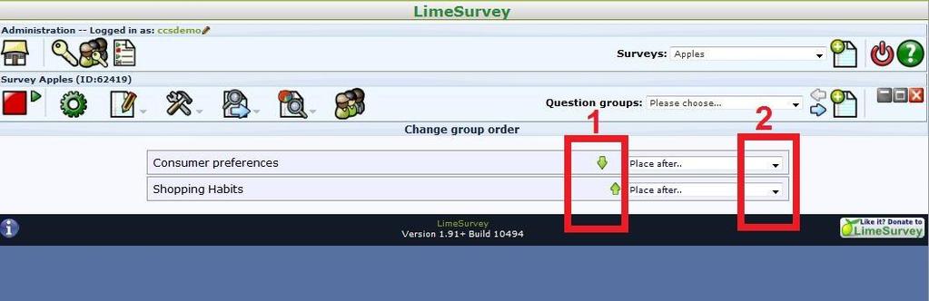 (b) moving the Question Group directly to a specific position in the survey by making a choice from the list displayed when you click the drop-down arrow (outlined in red box 2).
