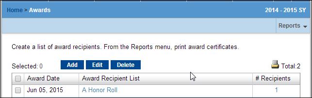 The Awards page displays with awards details. Click the # Recipients link to view the list of award recipients.
