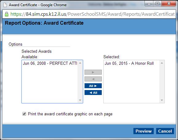Step 3 - Generate and Print Award Certificates This section describes the steps to print the award certificate. 1. On the Awards page, from the Reports menu, select Award Certificate.