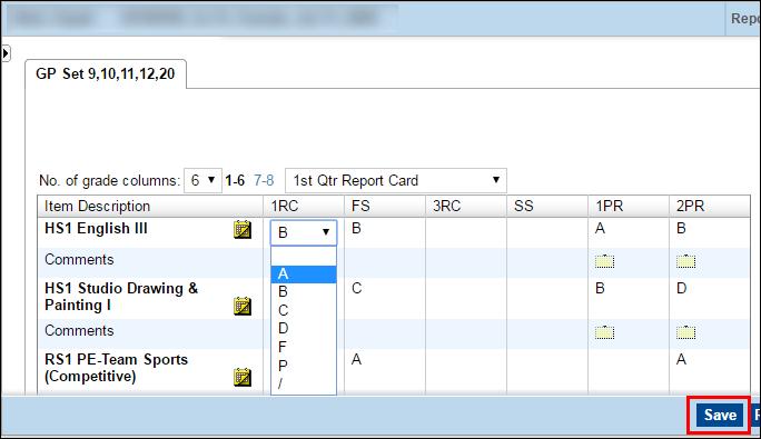 of grade columns dropdown to display all report card and progress report periods. 4.