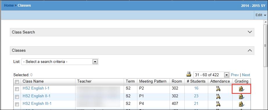 On the Classes page, click the Grading icon for the class in question.