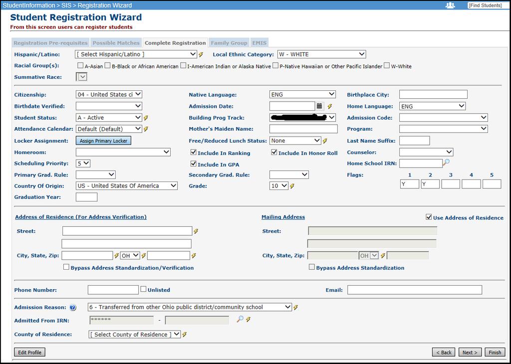 Student Registration Wizard Complete Registration tab Fill out all required fields and any optional fields you may desire on the Registration page.