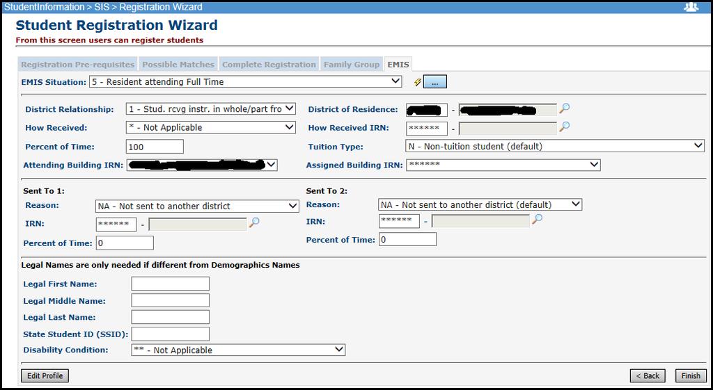 Student Registration Wizard EMIS tab (optional) Fill out all required fields and any optional fields you may desire on the Registration page.
