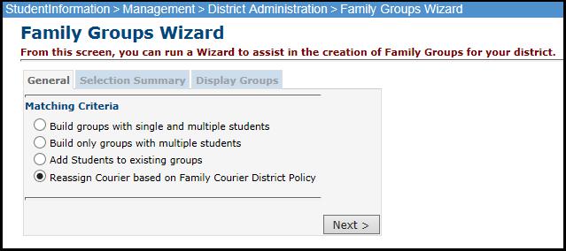Create or Update Family Groups Wizard (optional) The Family Groups Wizard has been added to step users through the process of creating all of the family groups for a school or district at once.