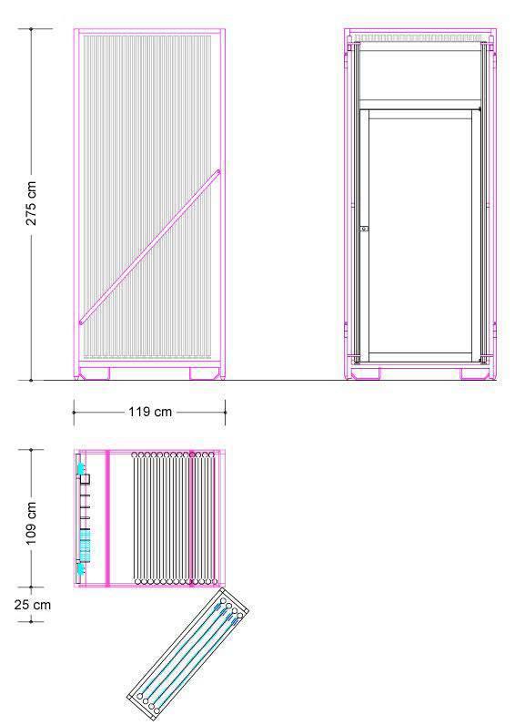 Specifications - Steel transportation container 119 x 134 x 275cm+ Content - 40 standard white system panels - 4 doors as supplement * - 2 & 3 meter fiecia s