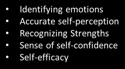 SEL Five Core Competencies Impulse control Stress management Self-discipline Self-motivation Goal setting Organizational skills SELF- MANAGEMENT SELF- AWARENESS Perspective-taking Empathy