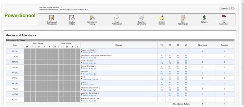 GRADES AND ATTENDANCE SCREEN On the Grades and Attendance screen you will see the student s overall current grade for each period/subject. To view grade details, click a grade in the term column.