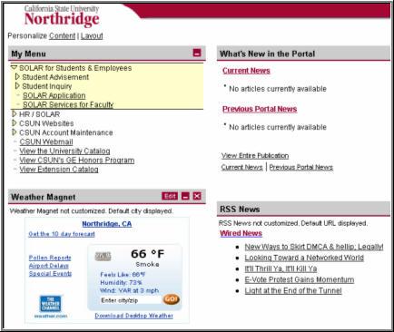 Campus Web Portal Home Page The portal home page contains resources for you based upon your access/security privileges. Your SOLAR menu options display in the My Menu category.