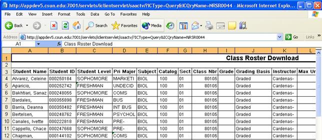 Download a Class Roster to Excel The roster loads into an Excel file.