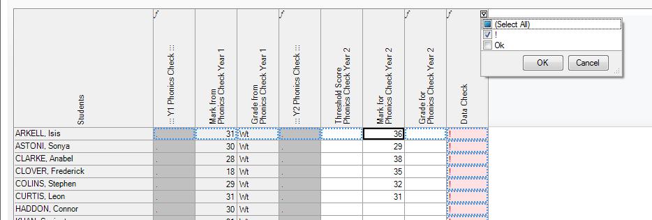 It is also useful to only display those pupils that require a recheck in Year 2. You can do this by selecting the filter button in the top right hand side of the Data Check Column.