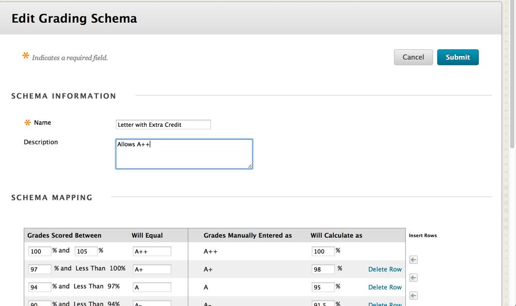 14 Grading Schemas greater than 100% Previously, the grading schema in the Grade Center had a maximum value of 100%.