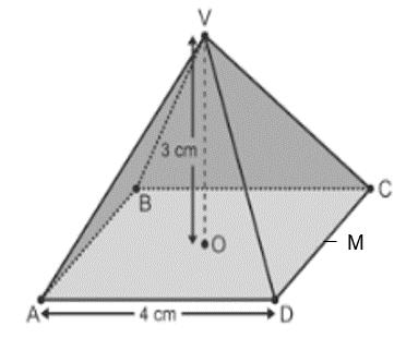 41 ABCDV is square based pyramid. AD = 4cm and the vertical height, VO = 3cm. O is the centre of the base. M is the midpoint of the side CD. (i) Work out the area of the base of the pyramid.