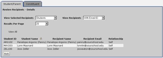 Use the View Selected Recipients drop-down list to view parents or students included in the list. This list is read only.