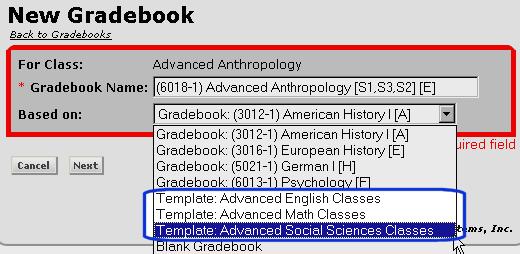 Selecting the Template in Faculty Community Once a template is created in the Admin Community, it is available in the Faculty Community s Gradebook Setup function.