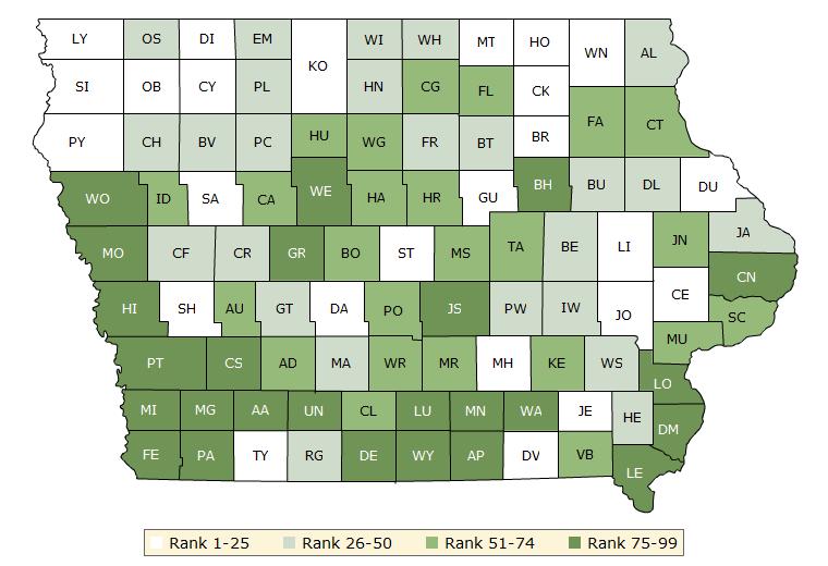 The green map below shows the distribution of Iowa s health outcomes, based on an equal weighting of length and quality of life.