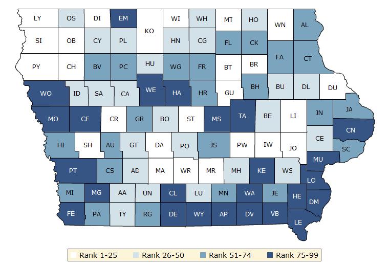 The blue map displays Iowa s summary ranks for health factors, based on weighted scores for health behaviors, clinical care, social and economic factors, and the physical environment.