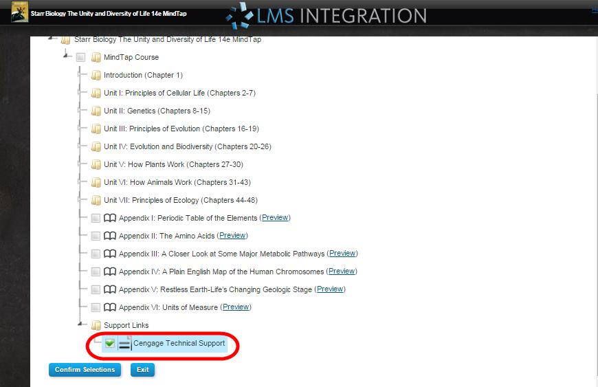 6 Select the Cengage Technical Support link. Result: The Cengage Technical link displays in blue.