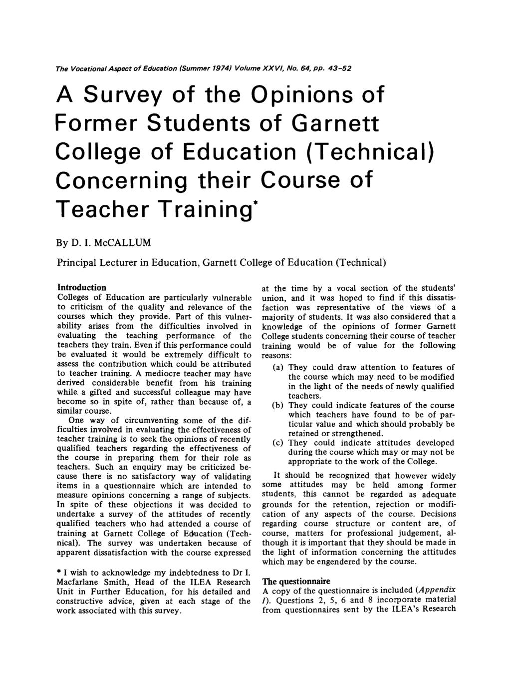 The Vocational Aspect of Education (Summer 1974) Volume XXVl, No. 64, pp.
