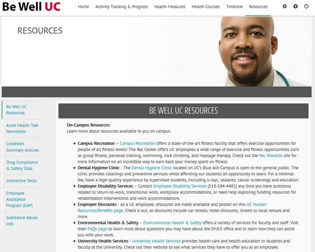Resources Page The Resources page contains information specific to the Be Well UC program.