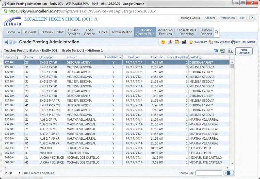 PART 3 TEACHER POSTING STATUS Administrative Grade Processing Use the following Skyward menu path to see an onscreen listing of the grade posting status for your campus teachers for any given Term or