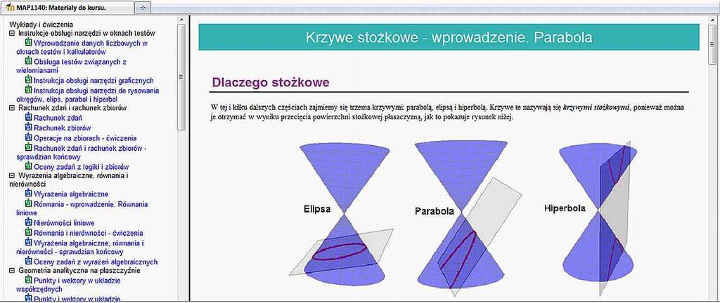 Fig. 9. Page of Algebra course with on-line learning material UniVirt platform (Theory of conical curves [6]).