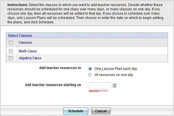Select to add one resource to each day or schedule all resources on one day.