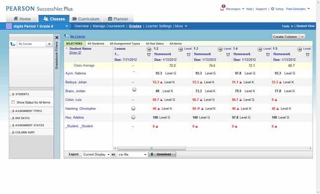 Use Your Gradebook To view the gradebook for a class, click Go to Grades from your teacher home