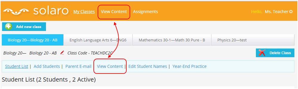 Using SOLARO with students Viewing Lessons and Sample Questions Once your class is created and you selected the students, you can preview the