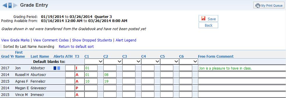 You can view the grades you will be posting; these grades pull directly from the Gradebook. You cannot modify grades on this screen; it must be done through a Grade Adjustment.
