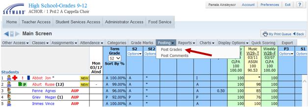 If the district is using Manual Grade Posting, you will click on the Post Grades under the Posting tab to post Athletic Grades.