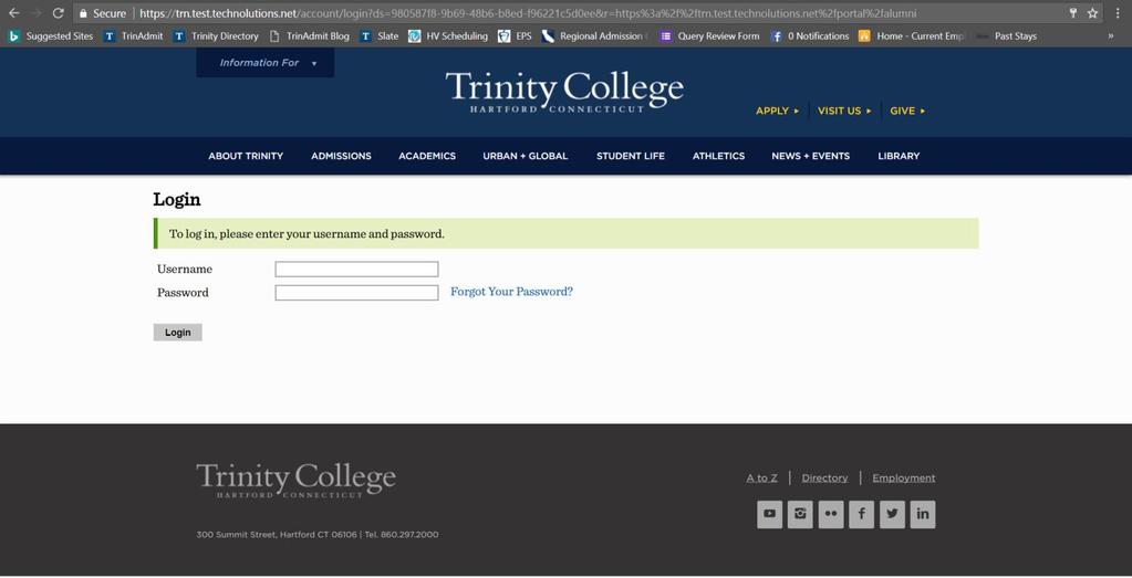 2 Accessing the AVP Portal The URL for the portal is: https://connect.trincoll.edu/portal/alumni. Your username and temporary password will be sent electronically to your email address on file.