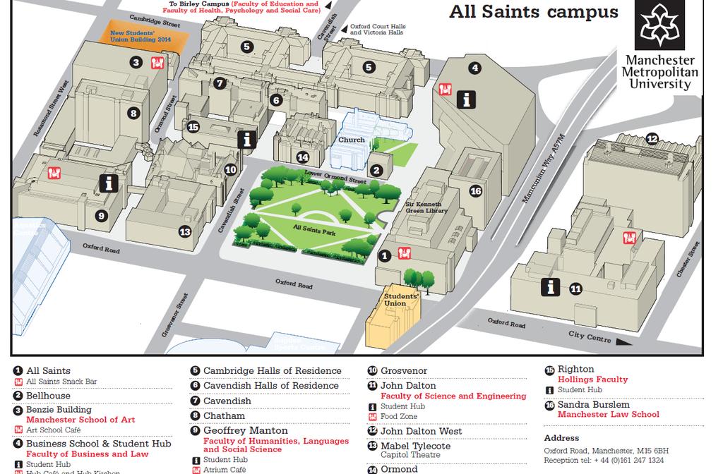 MAP OF THE ALL SAINTS CAMPUS OF MANCHESTER METROPOLITAN UNIVERSITY