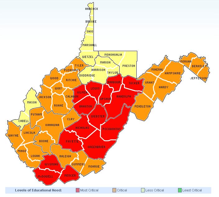 Educational Conditions in WV Educational Factors, Educational Needs Index, 2008 WV lagged 10 points behind the national average on BA degree attainment among adults 25 and older (17.3% vs. 27.