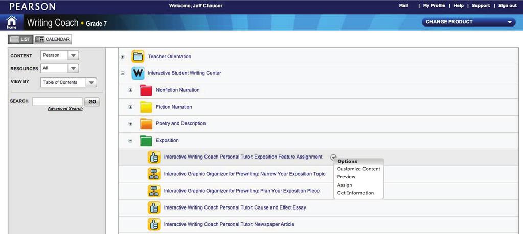 Assigning the Feature Assignment First open the Interactive Student Writing Center folder by clicking on the expand button.