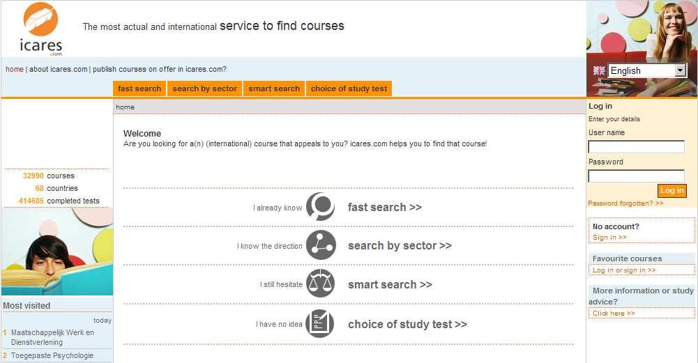 Icares.com Icares.com is an international portal to search for courses. It is important, but sometimes difficult for young people to choose the right study. (Future) students make use of icares.
