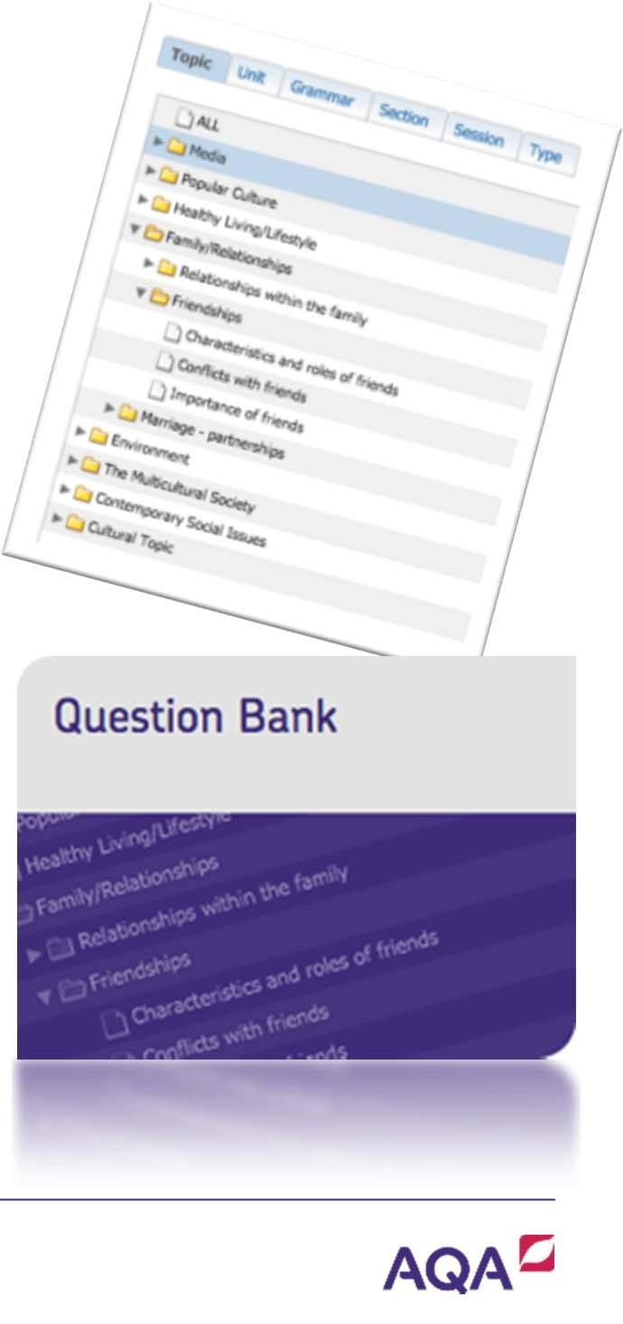 Question Bank Create your own customised assessments in minutes using AQA questions aligned to the new specifications Compile targeted topic tests, listening tasks, assignments or revision exercises