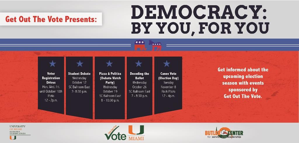 CAMPUS ENGAGEMENT Mobilization Campaign: Democracy By U for U The University of Miami and GOTV scheduled multiple events to further engage the campus community.