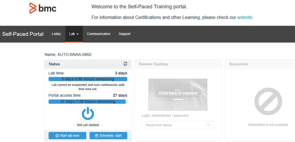 Example of ReadyTech Self-Paced Portal: The Lab tab is displayed below. Lab time and Portal access time are both defined and displayed in the portal.